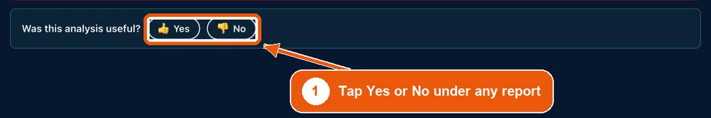 The Was this analysis useful? prompt with Yes and No buttons under a report.