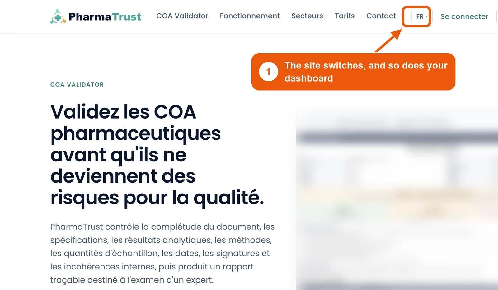The PharmaTrust home page in French, with FR shown at the top.