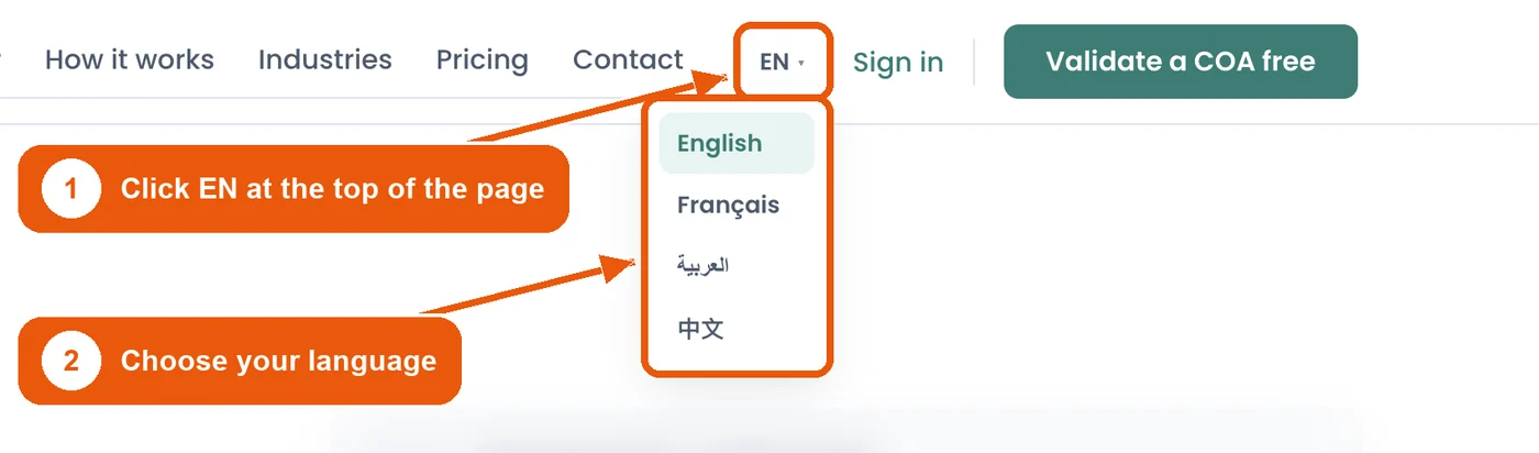 The language menu open at the top of the page: English, Français, العربية and 中文.